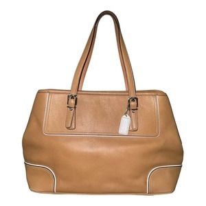 Coach Women's Tan Camel Leather Hampton White Trim Satchel Shoulder Bag